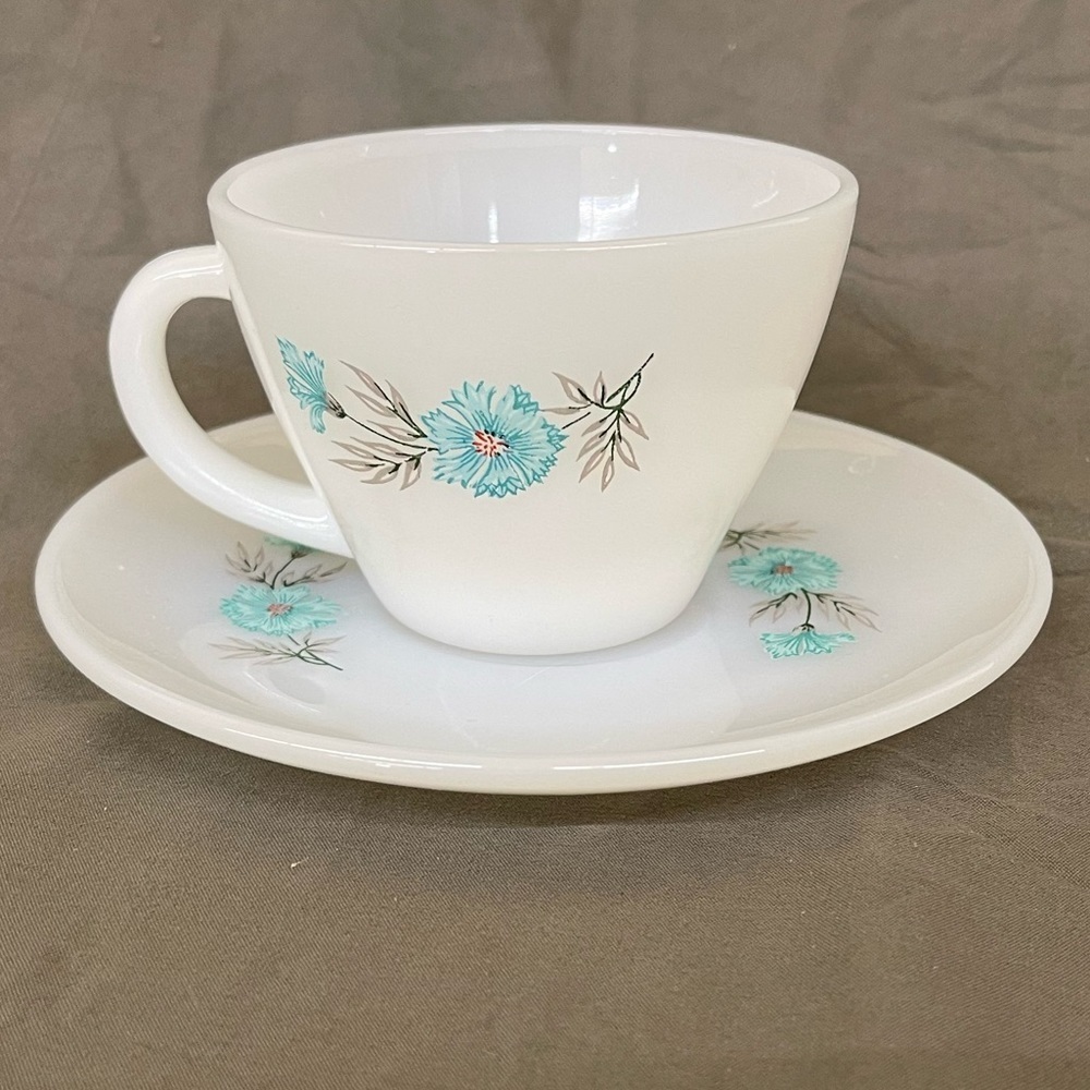 Vintage Fire King Oven Ware Milk Glass Bonnie Blue Carnation Cup and Saucer Set